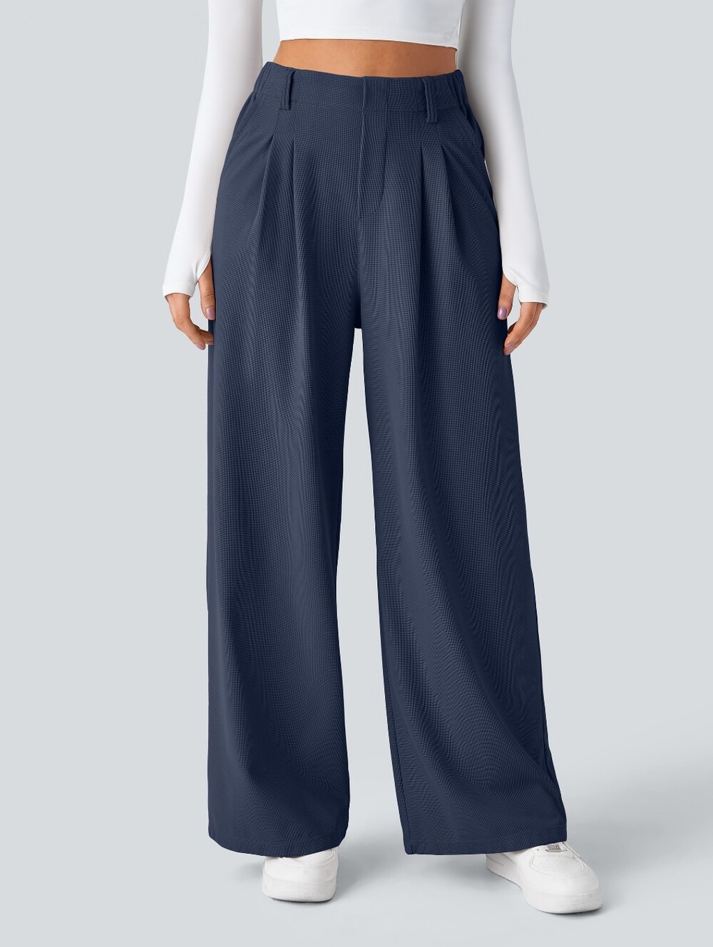 HALARA High Waisted Pleated Wide Leg Pants Navy Blue Size M Medium